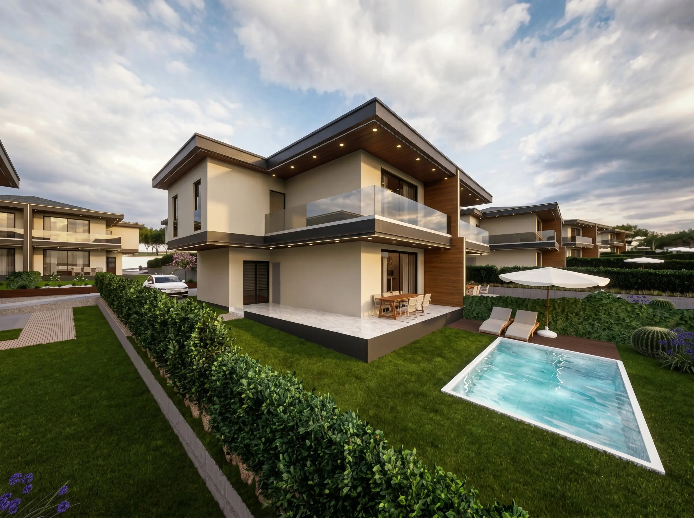 Tamamlanmış villa cephesi ve bahçesi