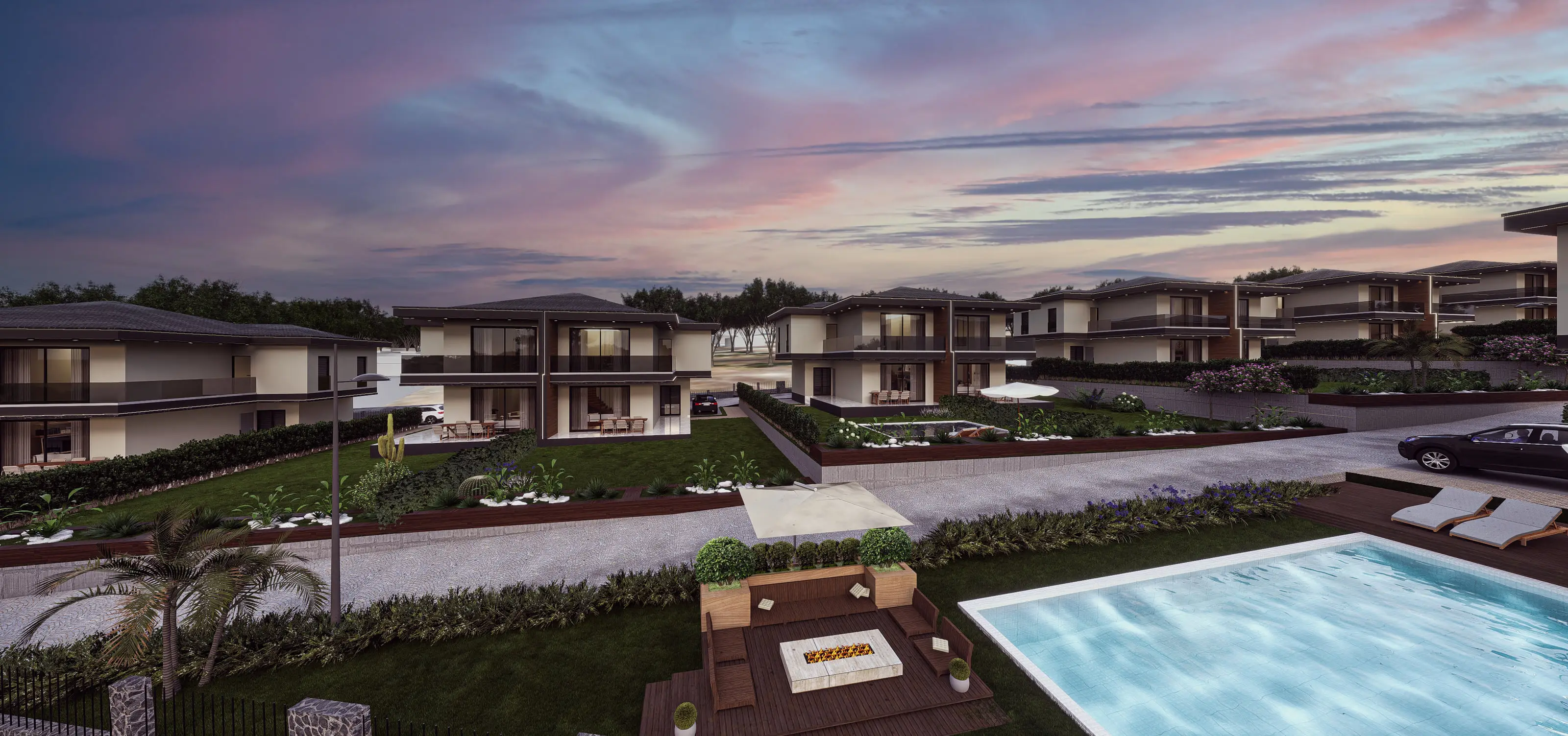 Vadi Bağyolu villa sitesinin gün batımında tasarım görseli, Bağyolu, Manisa